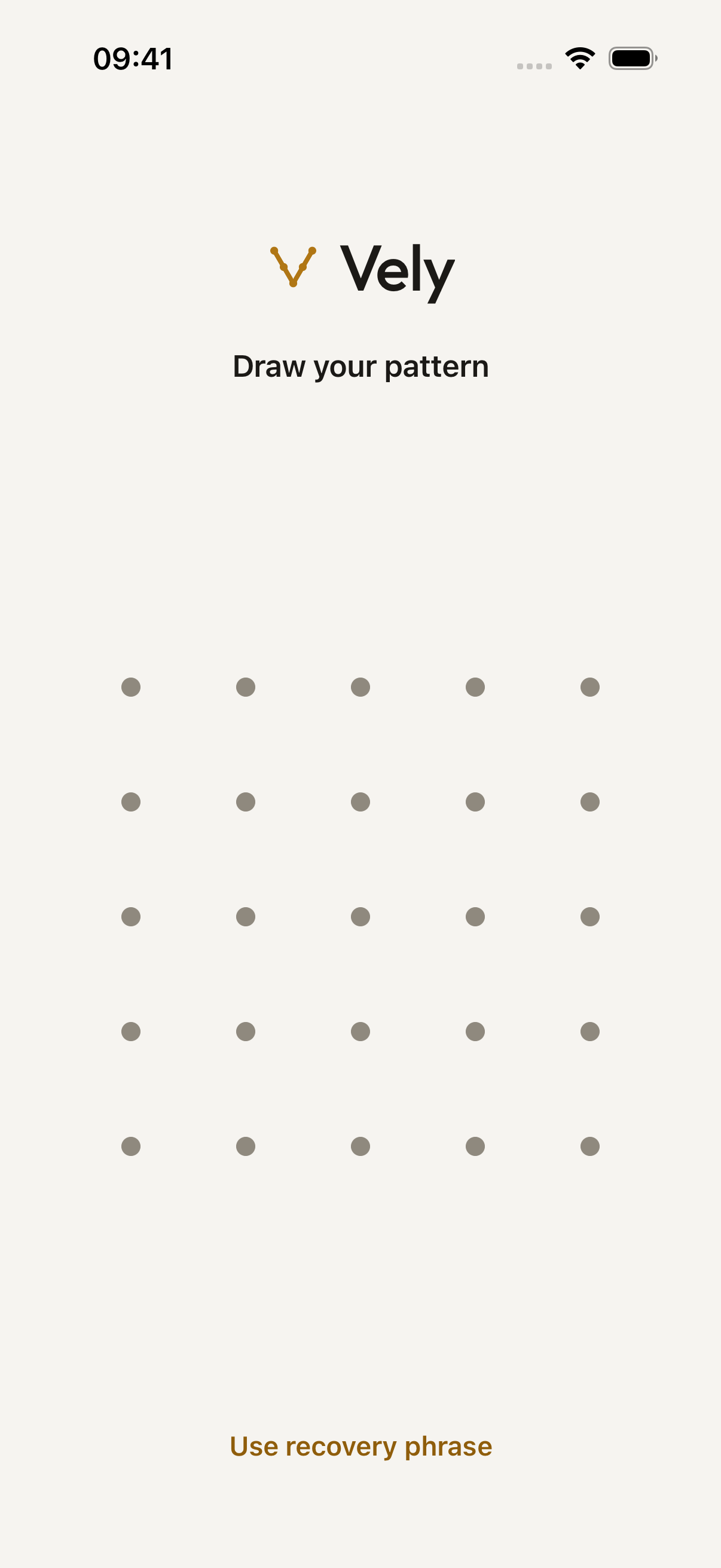 Vely's unlock screen with Draw your pattern, a five-by-five dot grid, and Use recovery phrase.