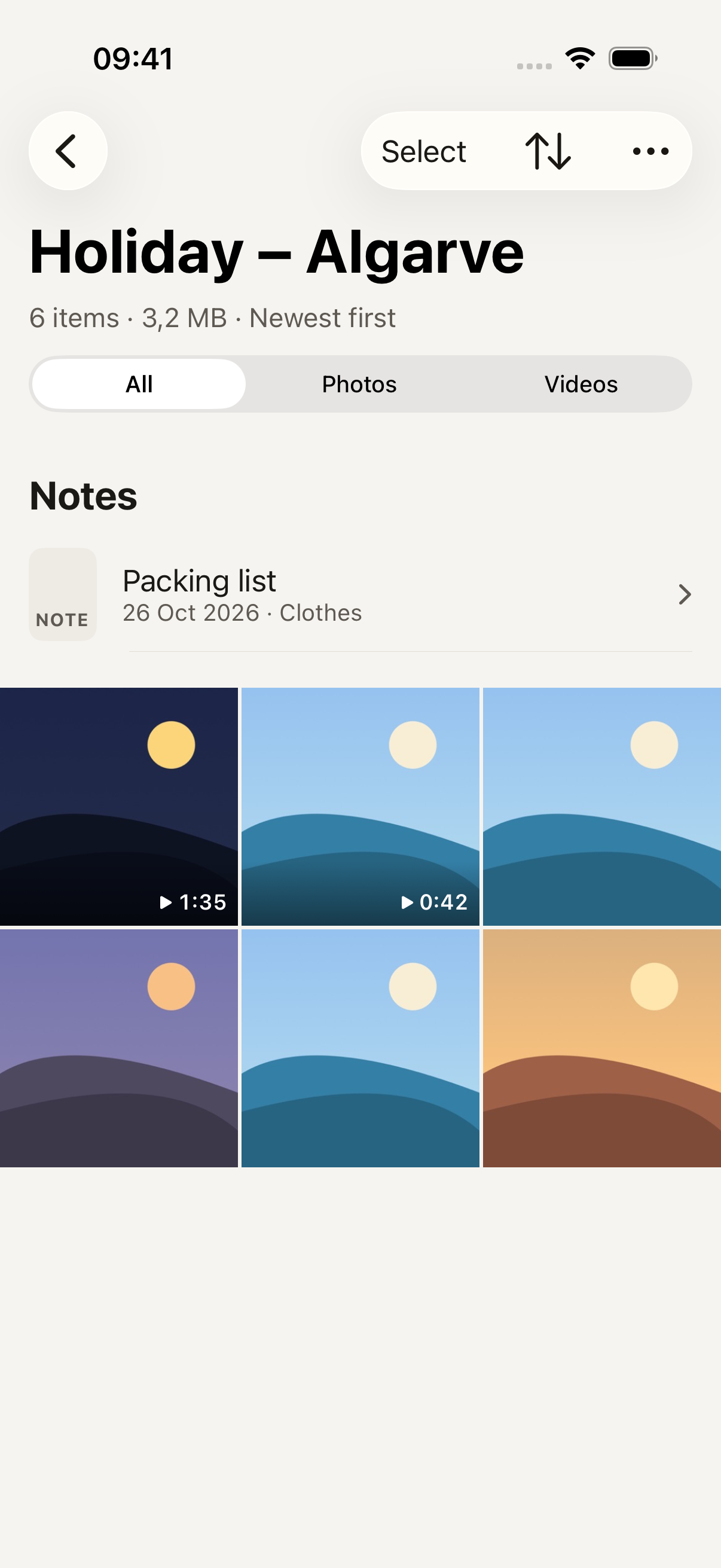 Vely's Holiday – Algarve album with All, Photos and Videos filters, a packing-list note, and six sample photos and videos.
