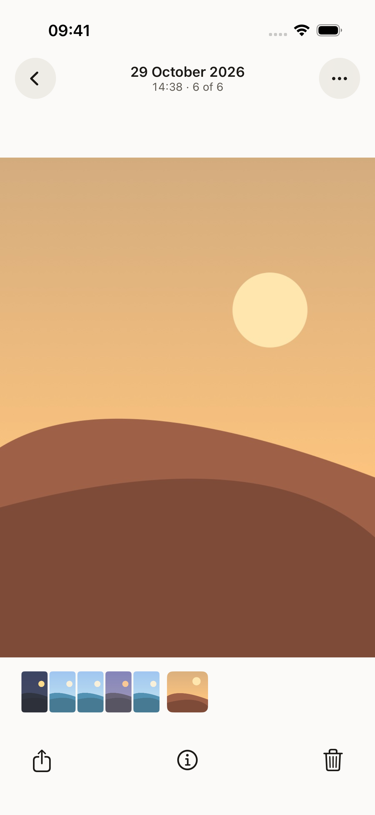 A sample landscape open in Vely's photo viewer, with the thumbnail strip and viewer controls below it.